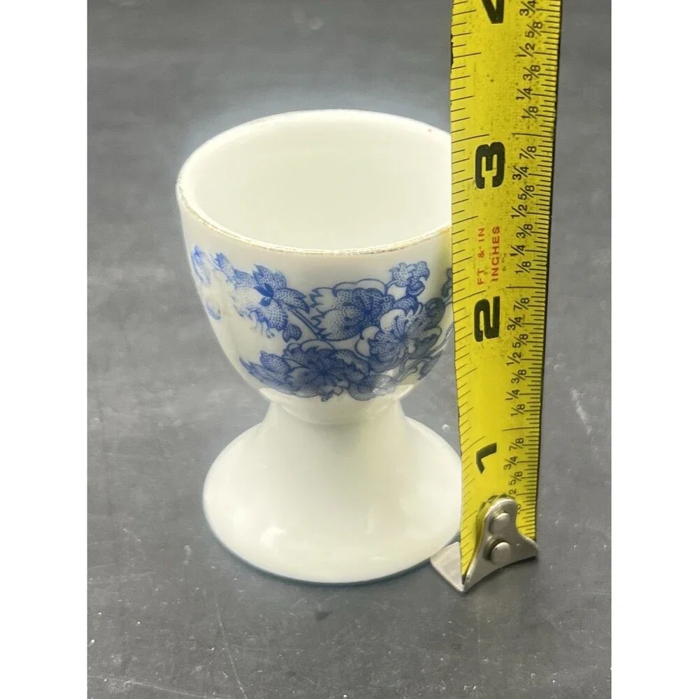 Vintage Blue White Porcelain Egg Cups Set of 2 Floral Transferware Gold Trim